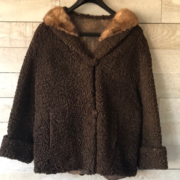 Vintage Jackets & Blazers - Mid-Century brown Persian lamb mink collar short coat